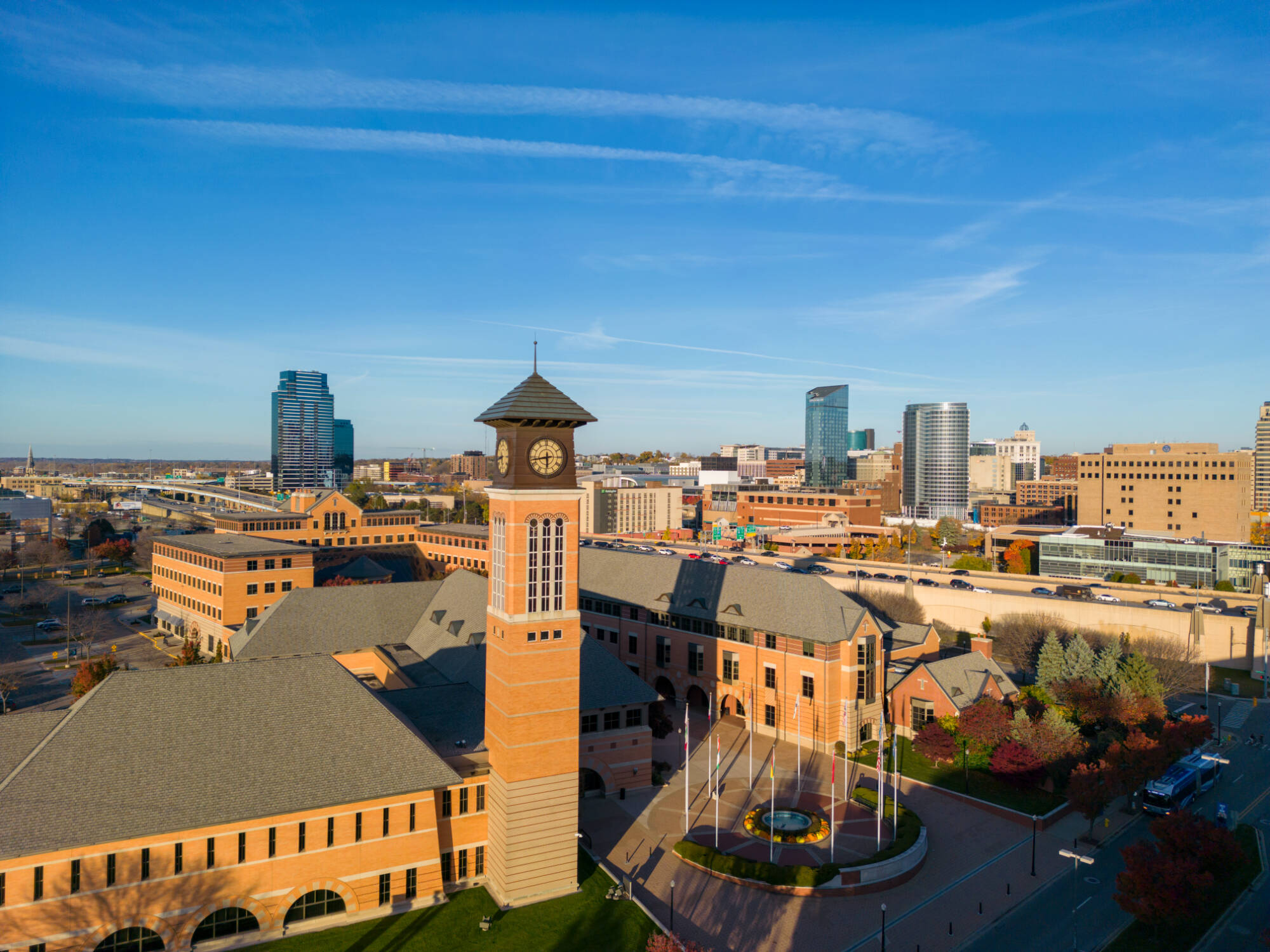 Exterior view of the Richard M. DeVos Center on Grand Valley State University's Pew Campus. Taken by Mitch Ranger using a drone during the Fall of 2022.